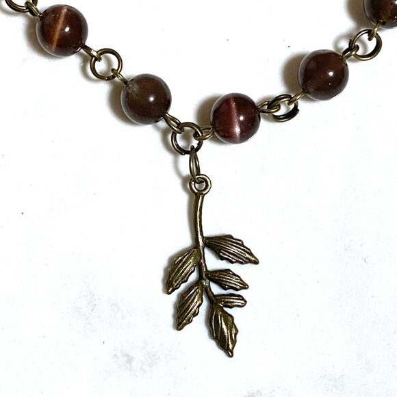 Cute Purple Cat's Eye Bronze Leaf Branch Pendant Adjustable Choker - Picture 7 of 14